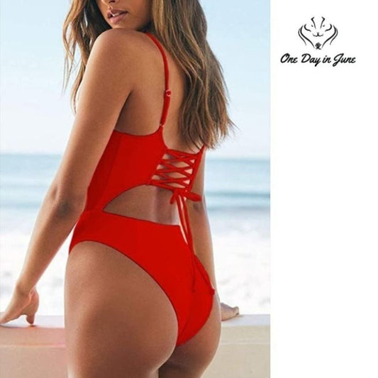 Meyeeka Scoop Neck Cut Out Front Lace Up High Cut Monokini Size M