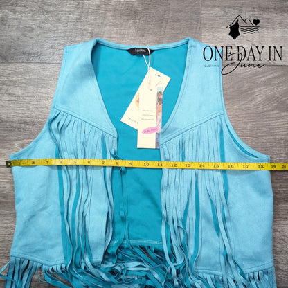 Dokotoo Faux Suede Fringe Tassel Vest Turquoise Blue Western Boho NWT Size S