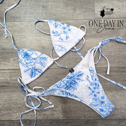 Volafa Smocked Triangle Tie Side Cheeky Bikini Swimsuit Blue Floral Size L