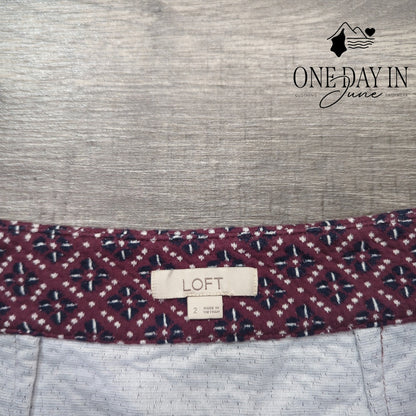 Loft Front Pocket Geometric Mini Skirt Burgundy Navy White Size 2