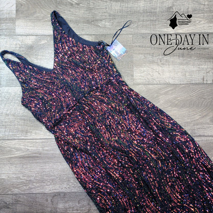 Night Way Sequin Maxi Dress Navy Rainbow V Neck Formal Gown NWT Size 10P