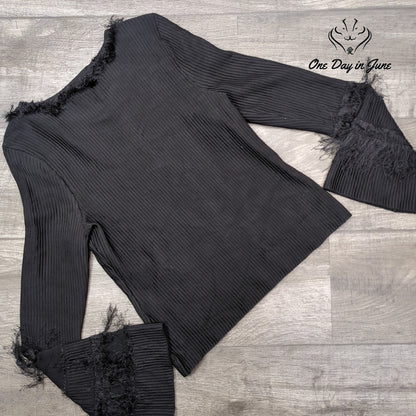 Milly Ribbed Fringe Bell Sleeve Sweater Black Designer Knit Top Size M