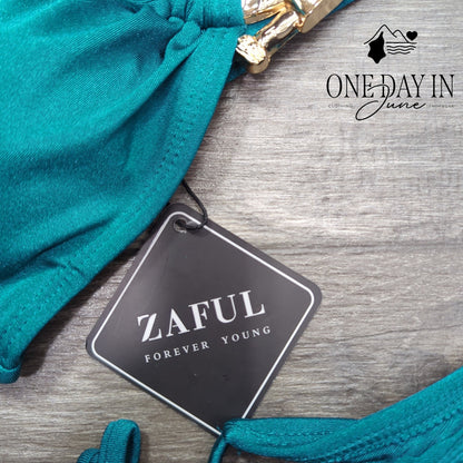 Zaful Bandeau Bikini Swimsuit Teal Gold Hardware Tie Side NWT Size S