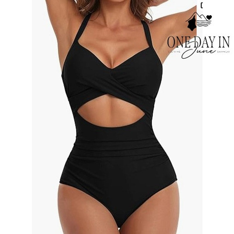 Eomenie Cross Front Cut Out Tie Back One Piece Swimsuit Size S