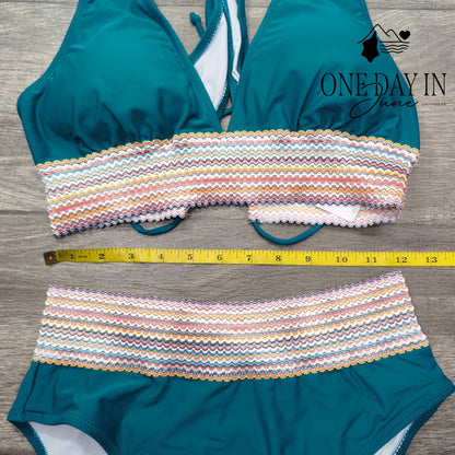 Vimpunec Teal Blue Smocked High Waisted Bikini Swimsuit 2 Piece NWT Size M