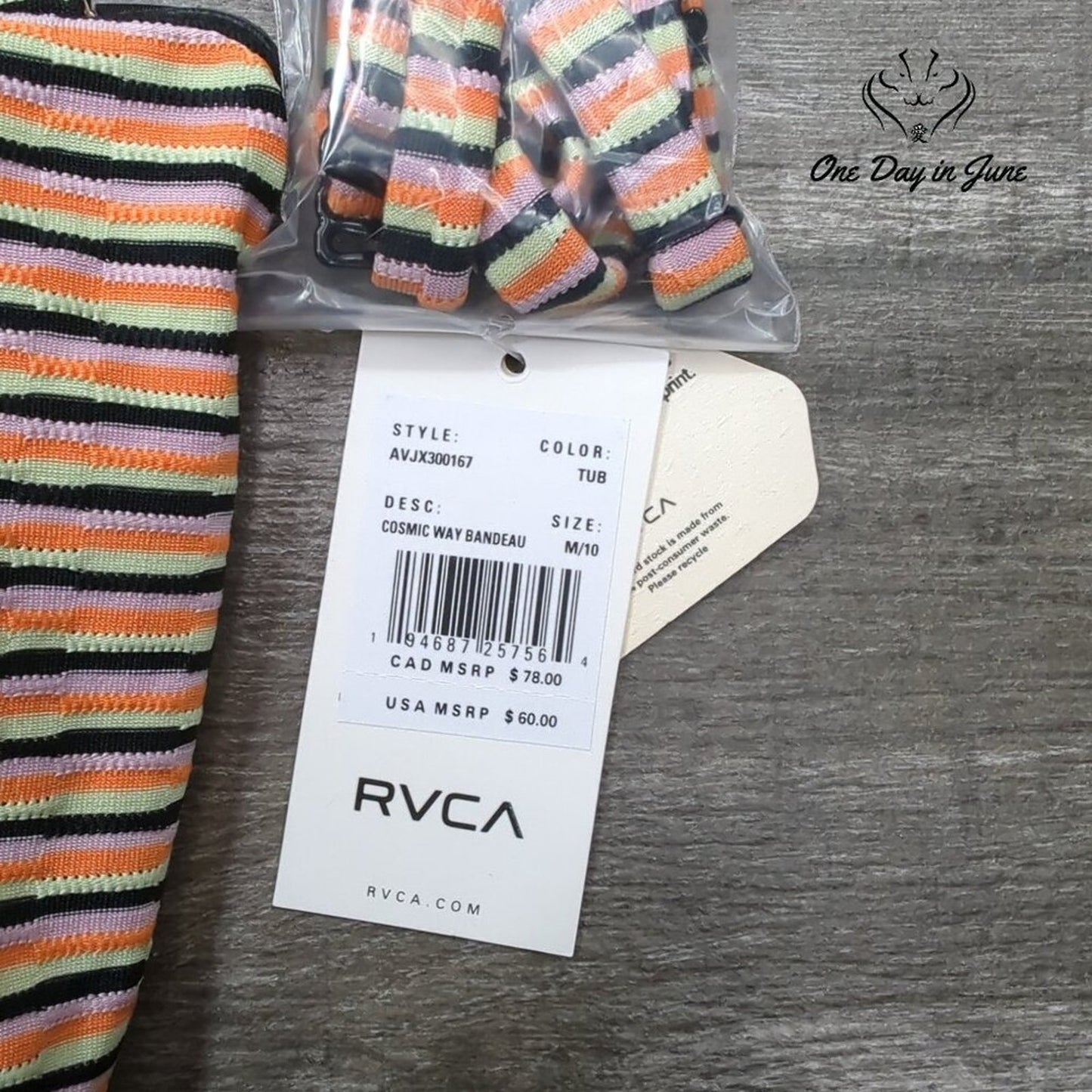 RVCA Cosmic Way Bandeau Bikini Top Striped Removable Straps NWT Size M