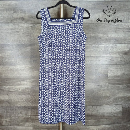 Talbots Petite Sleeveless Geometric Print Square Neck Dress Navy NWT Size PL