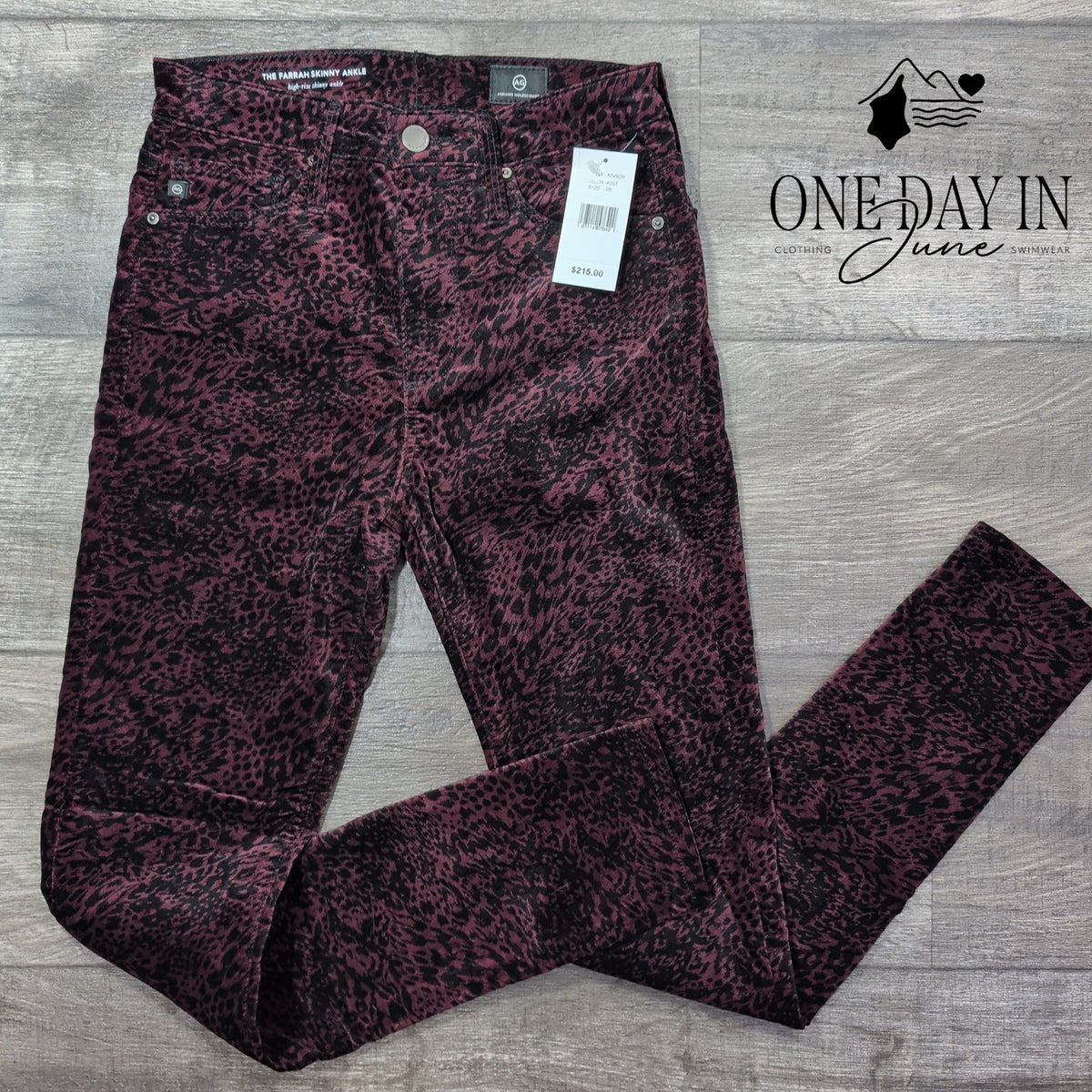 AG Adriano Goldschmied Farrah Skinny Ankle Jeans Burgundy Animal NWT Size 2 (26)
