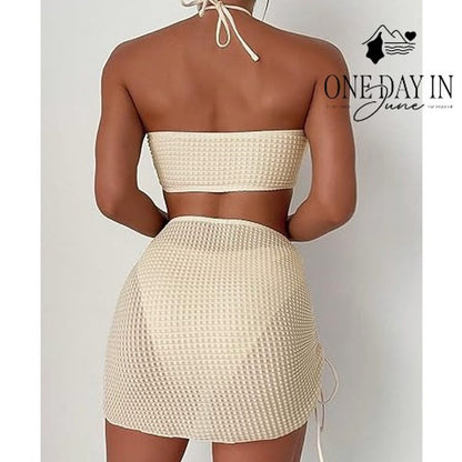 Aleumdr 3 Piece Bikini Swimsuit Cream Textured Halter Skirt Set Size XS