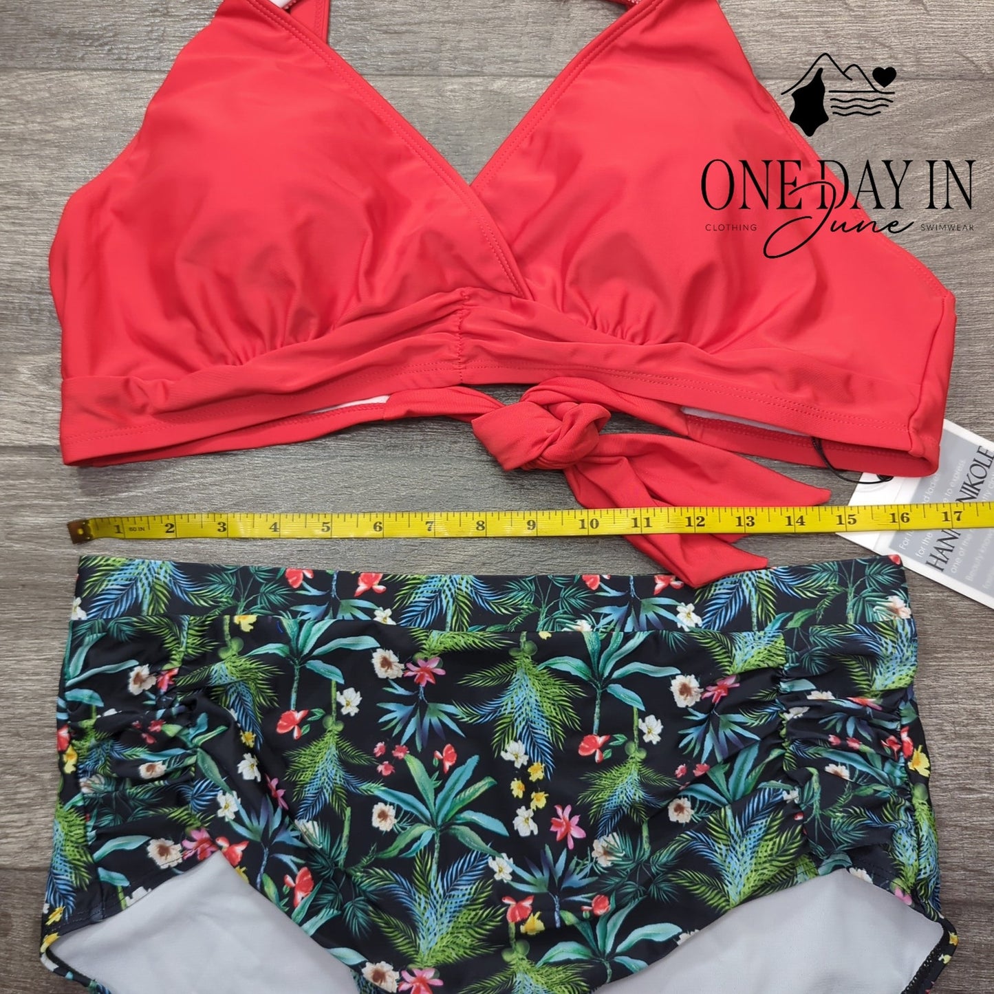 Hanna Nikole Bikini Swimsuit Coral Tropical Floral High Waist Tie NWT Size XL