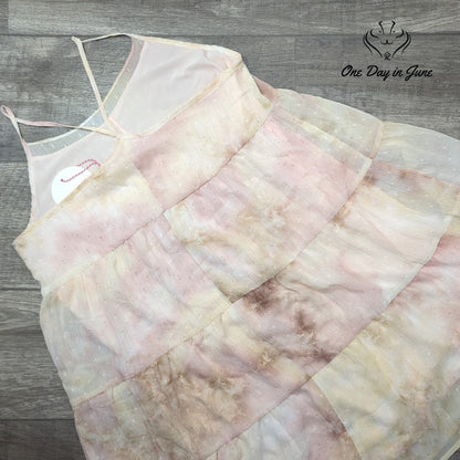 Umgee Swiss Dot Tie Dye Tiered Mini Dress Pink Cream Boho NWT Size S