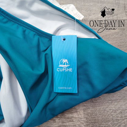 Cupshe High Neck One Piece Swimsuit Teal Ruched Cutout Tie Back NWT Size S