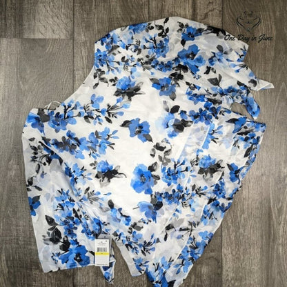 Alex Evenings Asymmetric Tiered Floral Chiffon Blouse Blue White NWT Size M