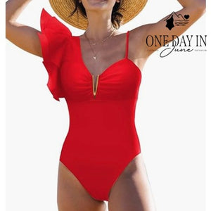Sporlike Red Ruffle One Shoulder Tie Back One Piece Swimsuit NWT Size S