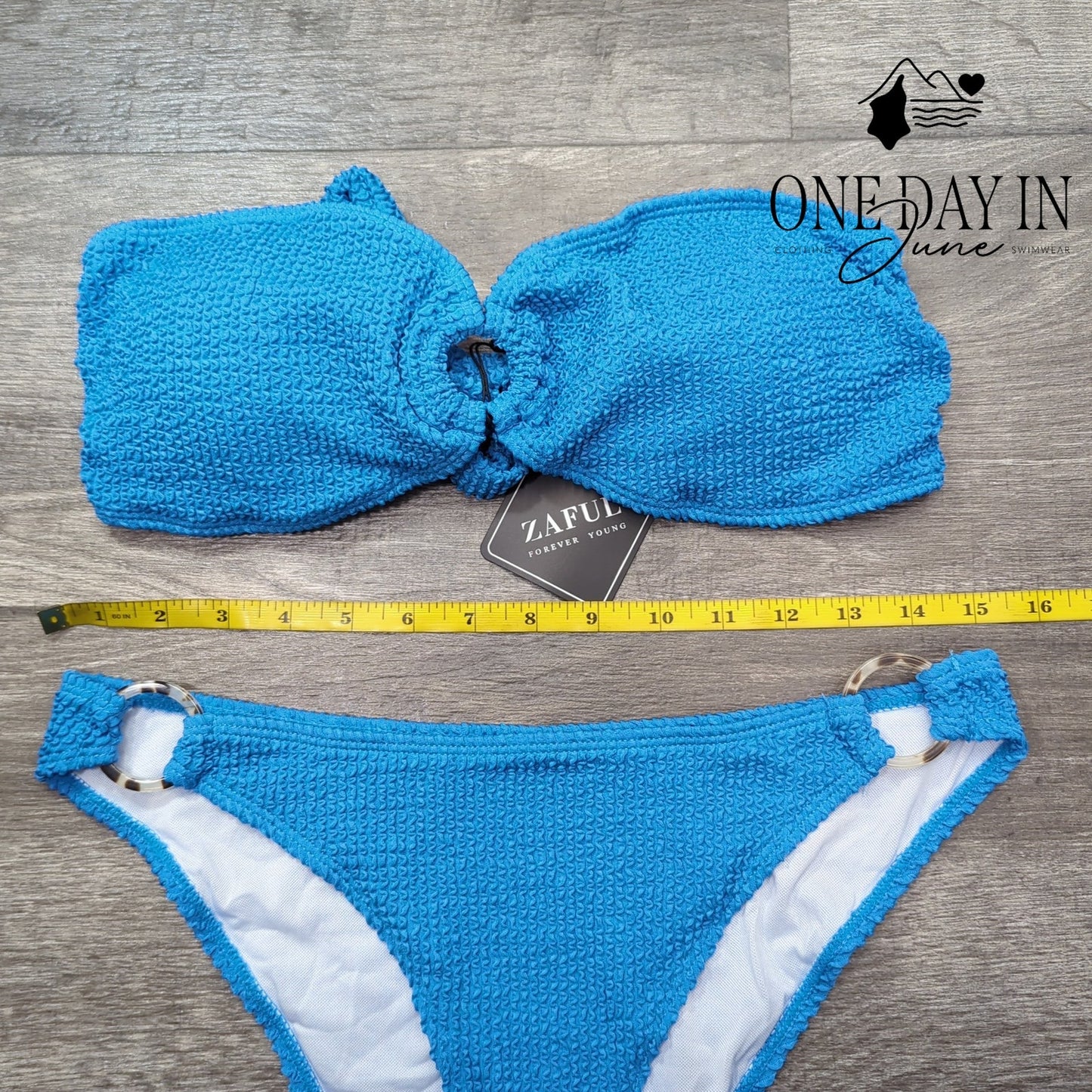 Zaful Textured Bandeau Bikini Set Blue O Ring Tie Back High Cut NWT Size M