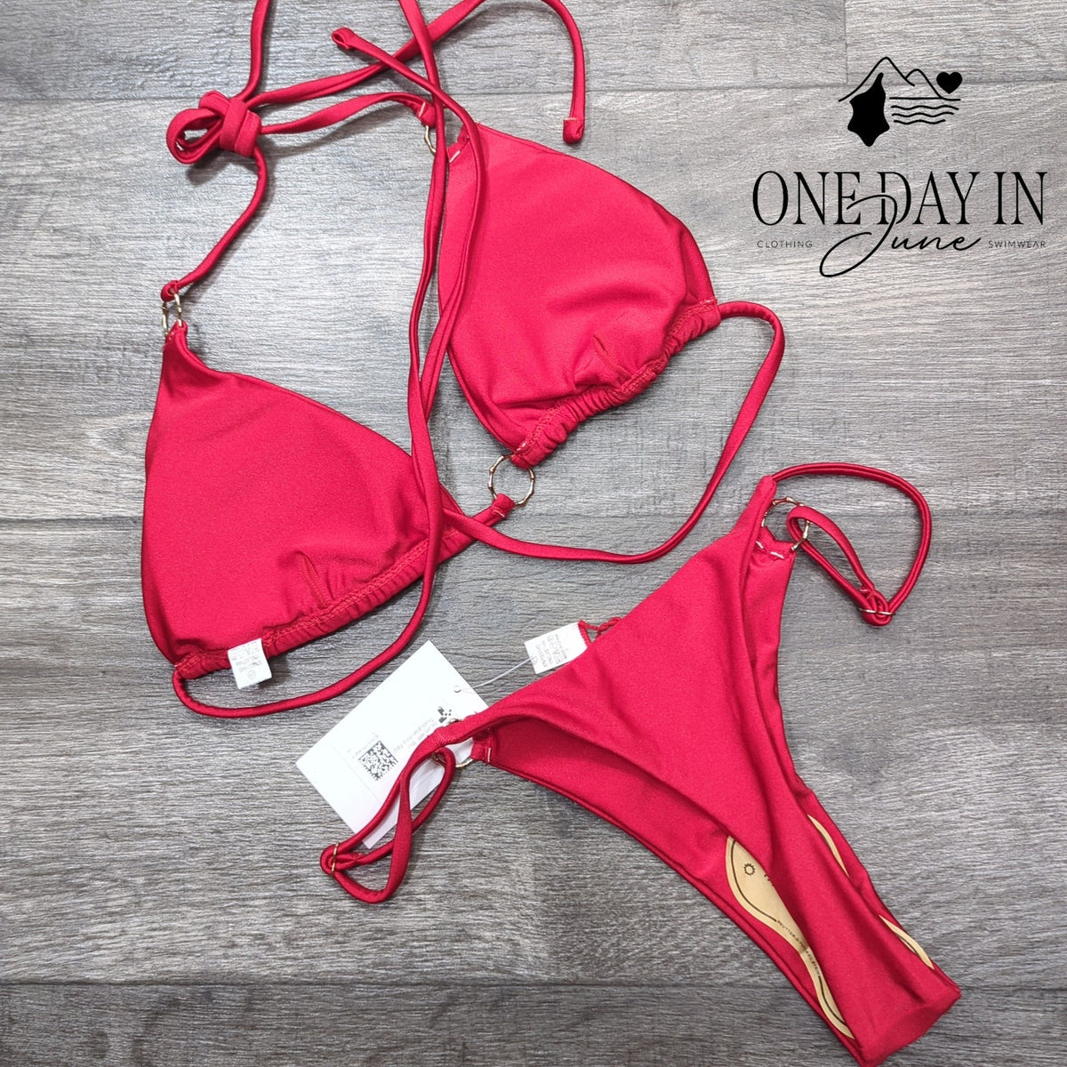 Miketai Triangle Thong Bikini Swimsuit Red Gold O-Ring NWT Size S