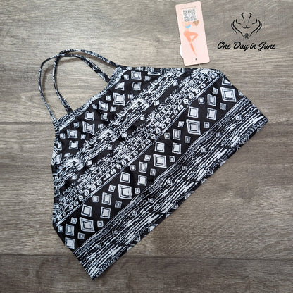 CharmLeaks High Neck Crop Bikini Top Black White Geometric NWT Size S