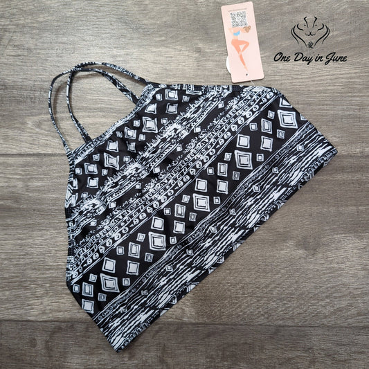 CharmLeaks High Neck Crop Bikini Top Black White Geometric NWT Size S