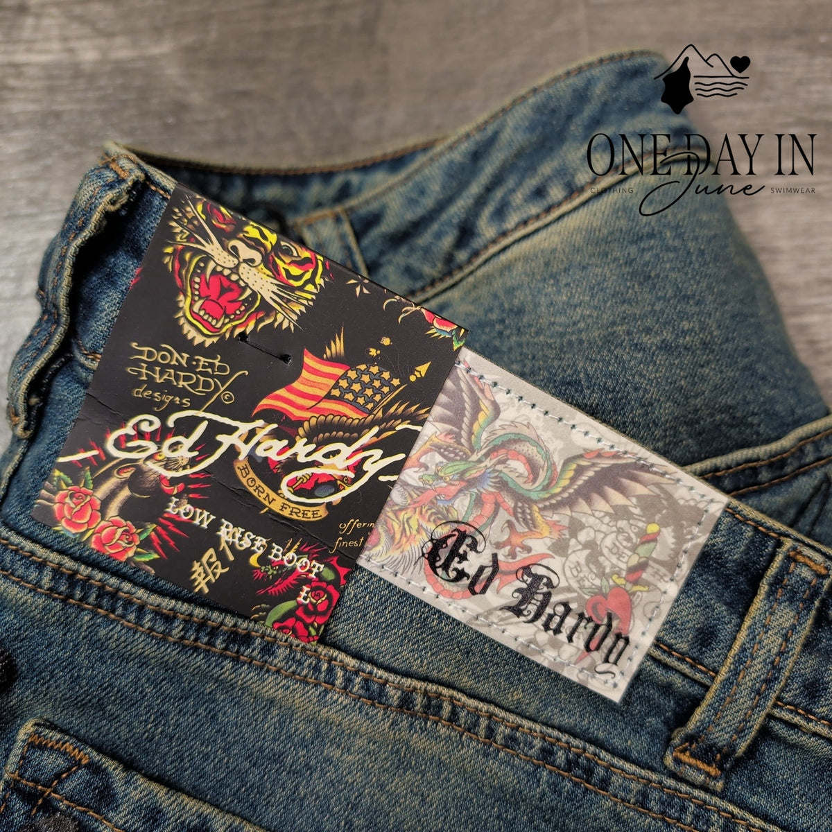 Ed Hardy Low Rise Bootcut Jeans Tattoo Mother Graphic Medium Tint NWT Size L