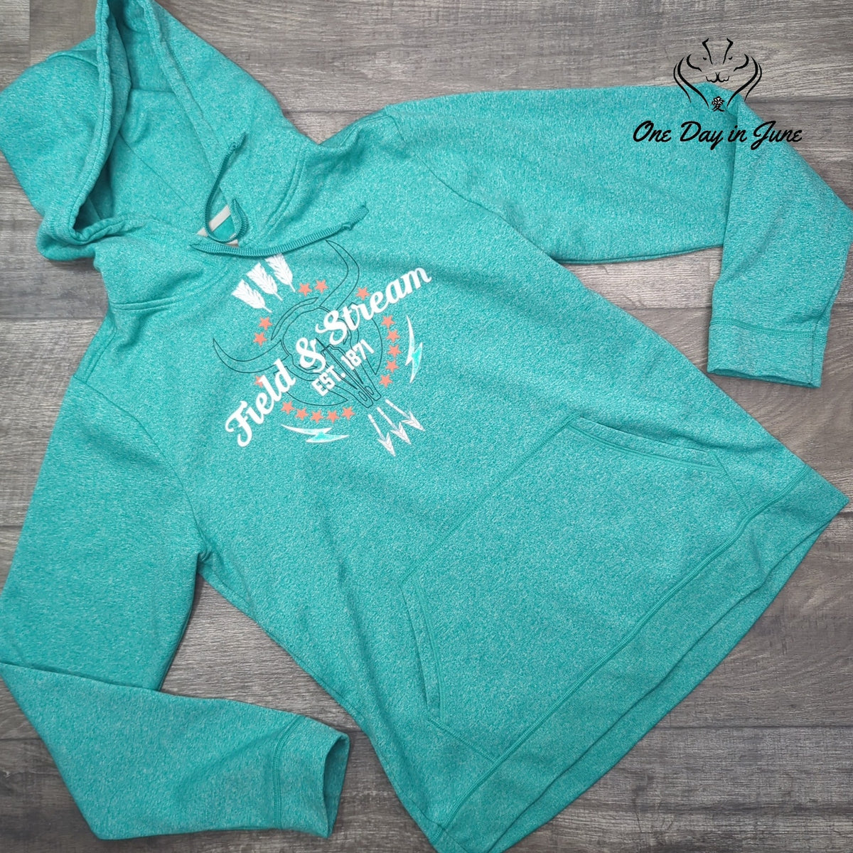 Field & Stream 1871 Graphic Hoodie Teal Pullover Sweatshirt Size M