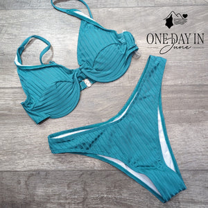 CharmLeaks Womens Ribbed Underwire Cheeky Bikini Swimsuit Teal Blue Size M