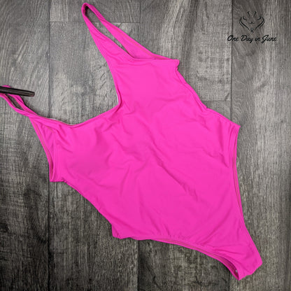 Miaiulia Retro 80s 90s One Piece Swimsuit Pink High Cut Low Back Padded Size M