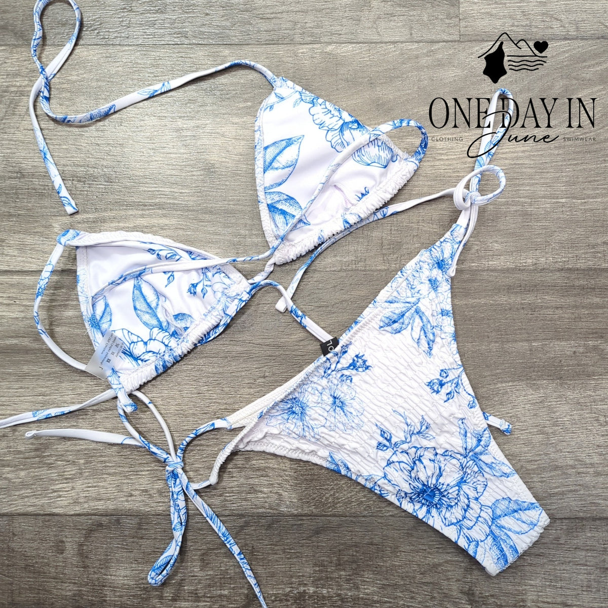 Volafa Smocked Triangle Tie Side Cheeky Bikini Swimsuit Blue Floral Size L