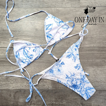 Volafa Smocked Triangle Tie Side Cheeky Bikini Swimsuit Blue Floral Size L