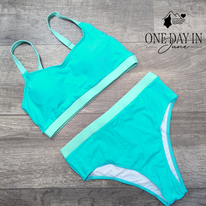 Zando Crop Bikini Swimsuit Turquoise Mint High Waist Two Piece Size M