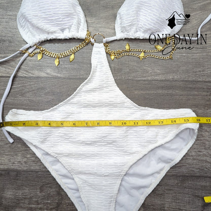 Adisputent White Gold Chain Monokini One Piece Swimsuit Cutout Size XL
