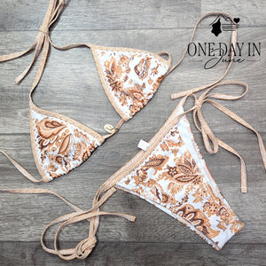 Aleumdr Triangle Tie Side Bikini Swimsuit Brown Floral 2 Piece Size XS