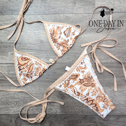 Aleumdr Triangle Tie Side Bikini Swimsuit Brown Floral 2 Piece Size XS