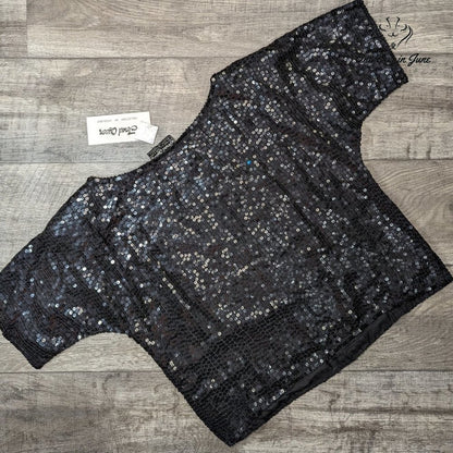 Jewel Queen Vintage Angelique Silk Sequin Beaded Top Black Silver NWT Size S