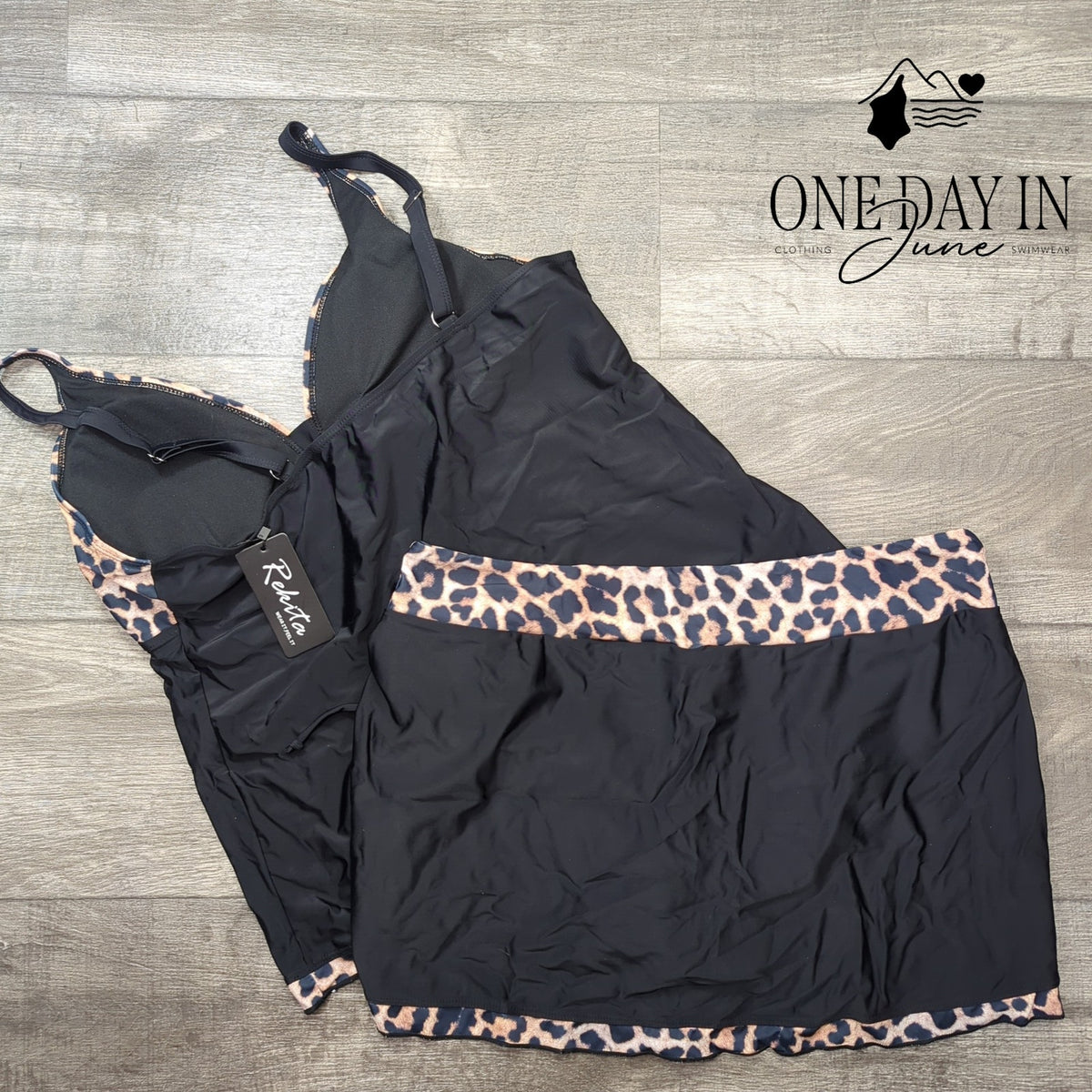 Rekita Plus Size Leopard Skirted Tankini Swimsuit Black NWT Size XXL