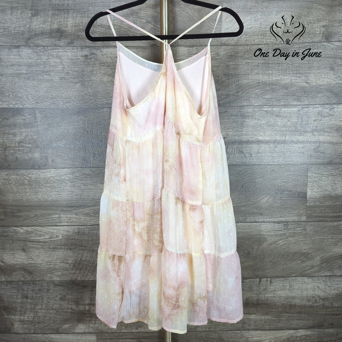 Umgee Swiss Dot Tie Dye Tiered Mini Dress Pink Cream Boho NWT Size S