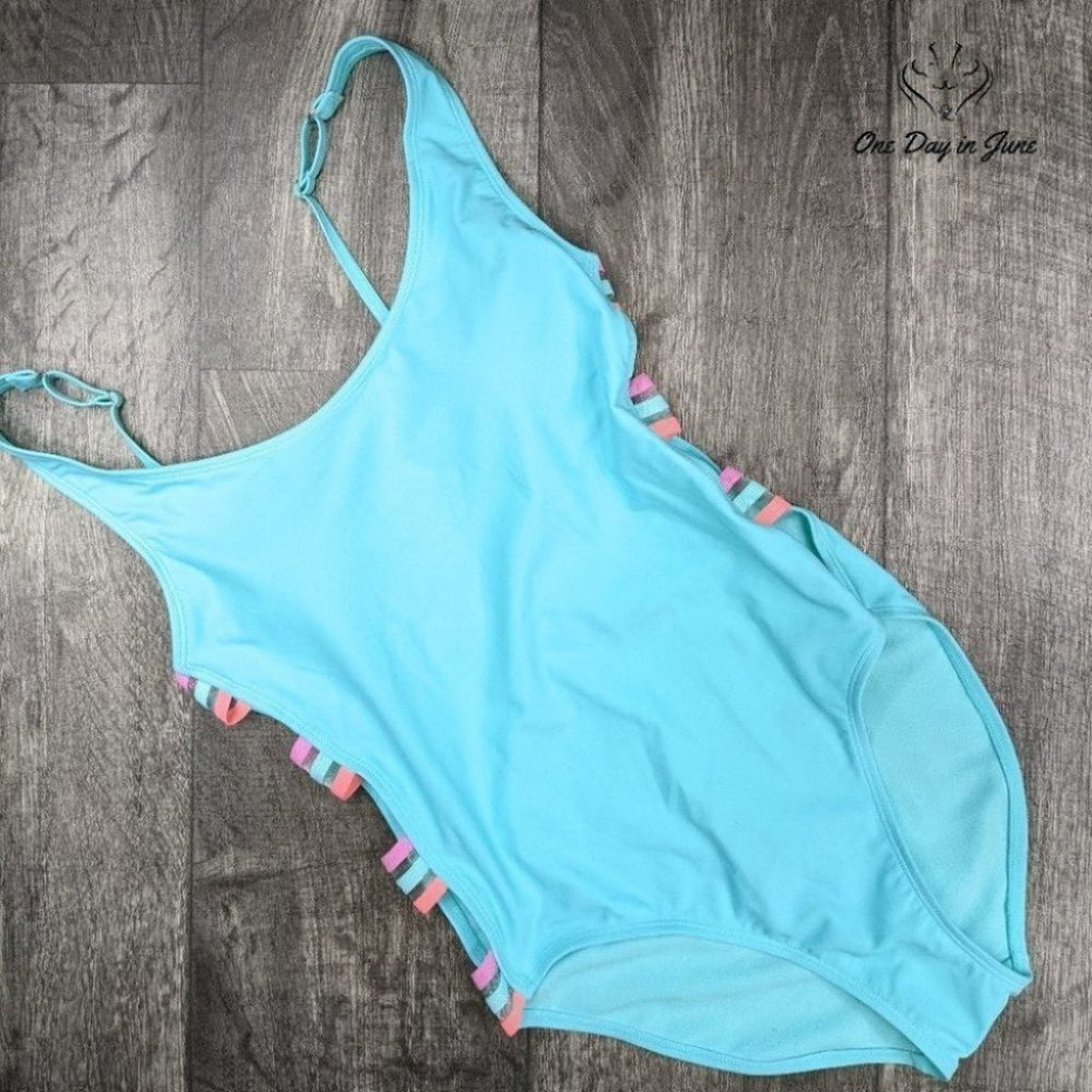 Arizona Jean Co. Juniors One Piece Swimsuit Aqua Blue Strappy Cutout NWT Size M