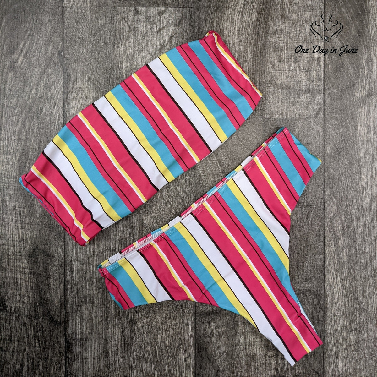 Amzbrly Striped Bandeau Cheeky Bikini Swimsuit Pink Blue Yellow Size M