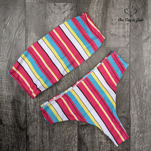 Amzbrly Striped Bandeau Cheeky Bikini Swimsuit Pink Blue Yellow Size M