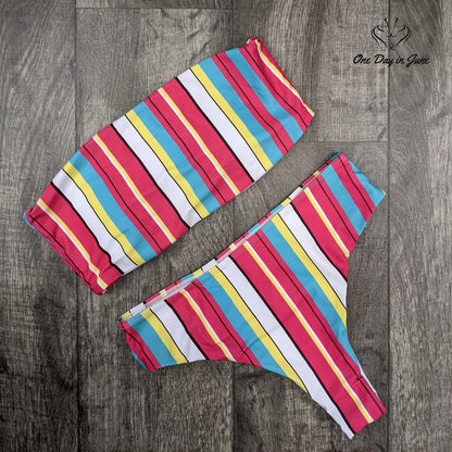Amzbrly Striped Bandeau Cheeky Bikini Swimsuit Pink Blue Yellow Size M