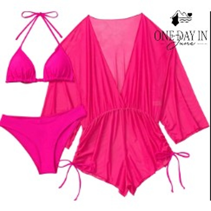 Adisputent 3 Piece Triangle Bikini Swimsuit Mesh Cover Up Hot Pink Size S