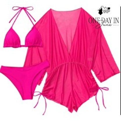 Adisputent 3 Piece Triangle Bikini Swimsuit Mesh Cover Up Hot Pink Size S