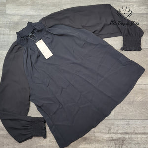 Emery Rose Sheer Blouse Black Smocked Neck Long Sleeve NWT Size 1XL