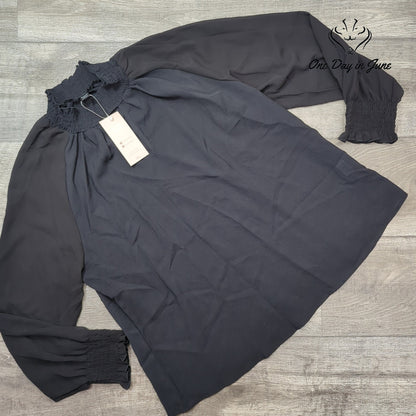 Emery Rose Sheer Blouse Black Smocked Neck Long Sleeve NWT Size 1XL