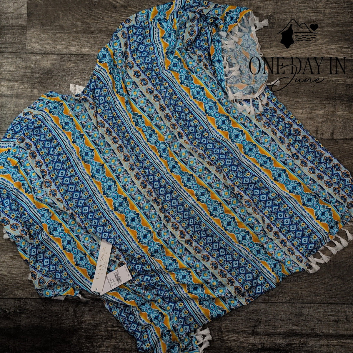 La Blanca Scarf City Kimono Swim Cover Up Blue Tassel Resortwear NWT Size OS