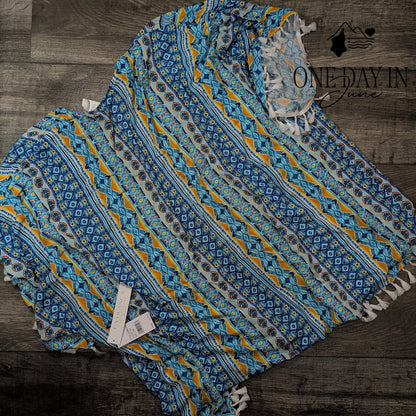 La Blanca Scarf City Kimono Swim Cover Up Blue Tassel Resortwear NWT Size OS