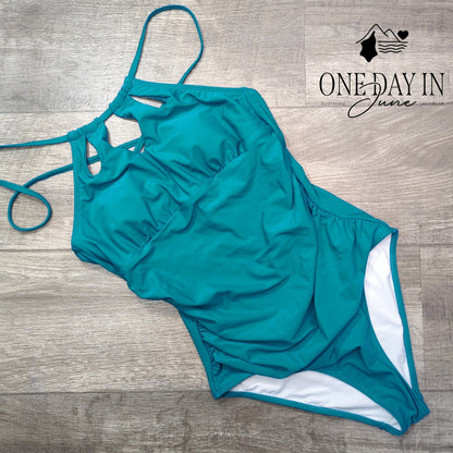 Cupshe High Neck One Piece Swimsuit Teal Ruched Cutout Tie Back NWT Size S