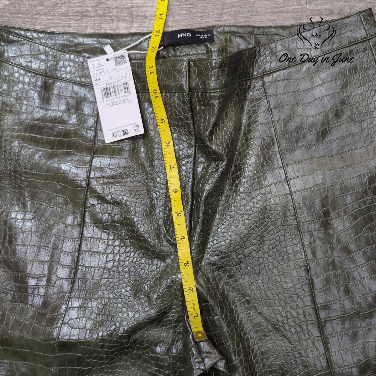 MNG Mango Cassie Faux Croc Leather Straight Leg Pants Olive Green NWT Size 12