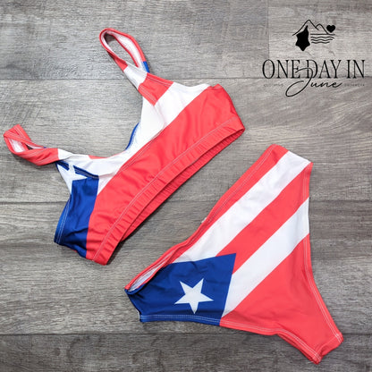 Adisputent Puerto Rico Flag Crop Top Bikini Swimsuit Red White Blue Size S