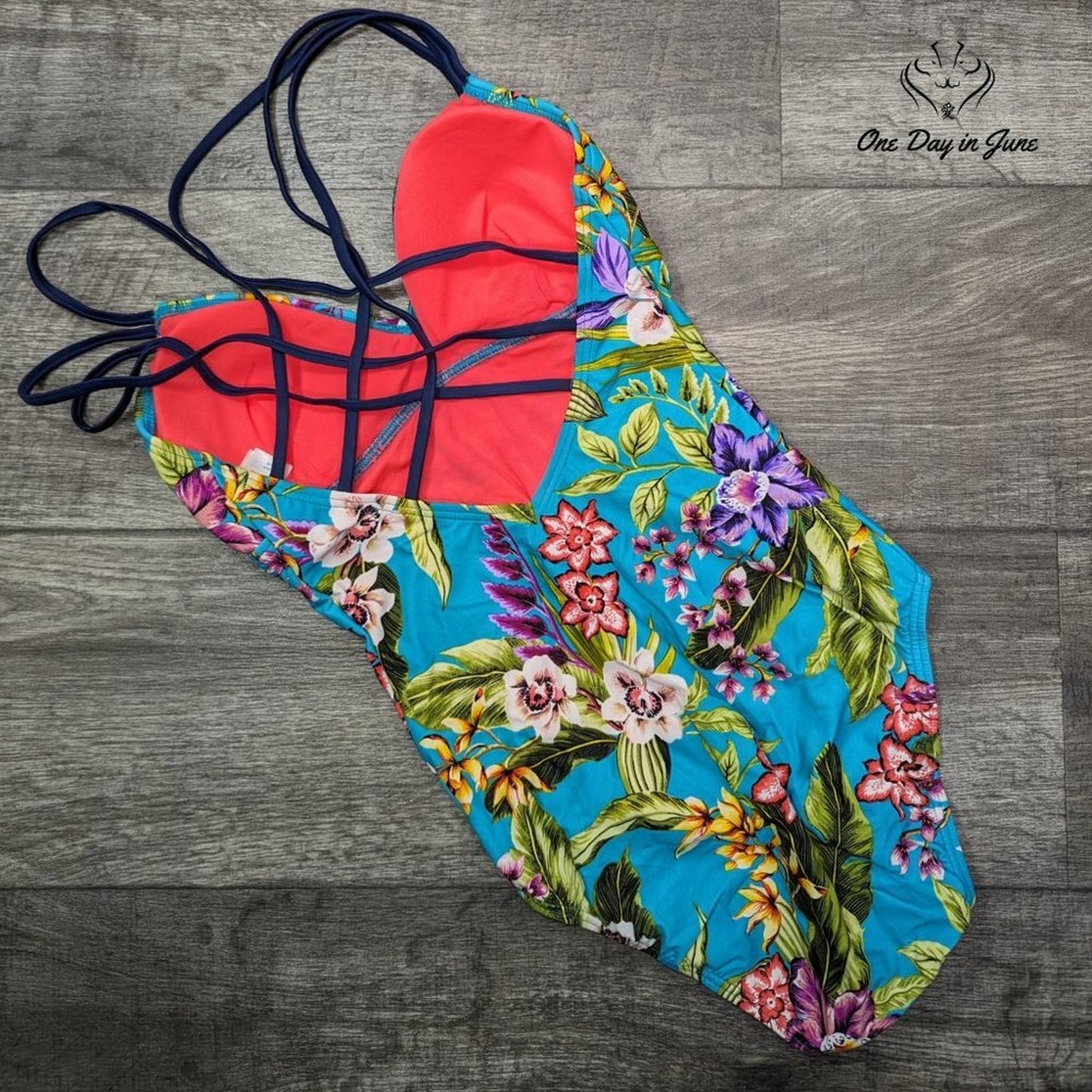 Coastal Blue Strappy Back Floral One Piece Swimsuit Size S