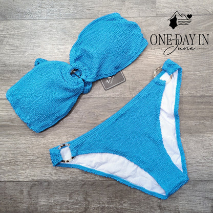 Zaful Textured Bandeau Bikini Set Blue O Ring Tie Back High Cut NWT Size M